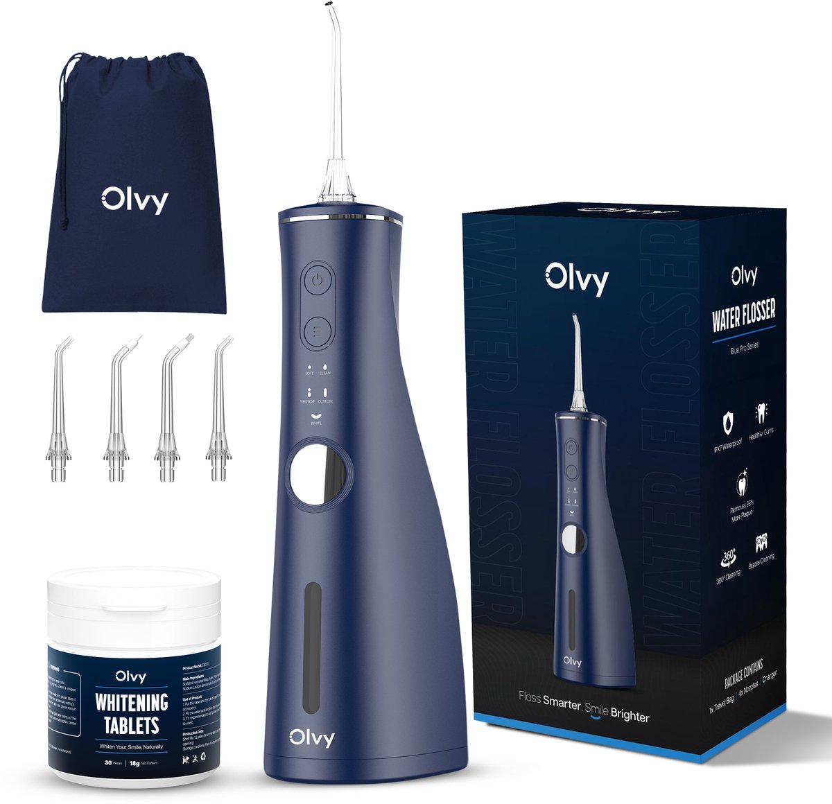De Olvy Waterflosser Draadloos Oplaadbaar met Whitening Tabletten in één oogopslag