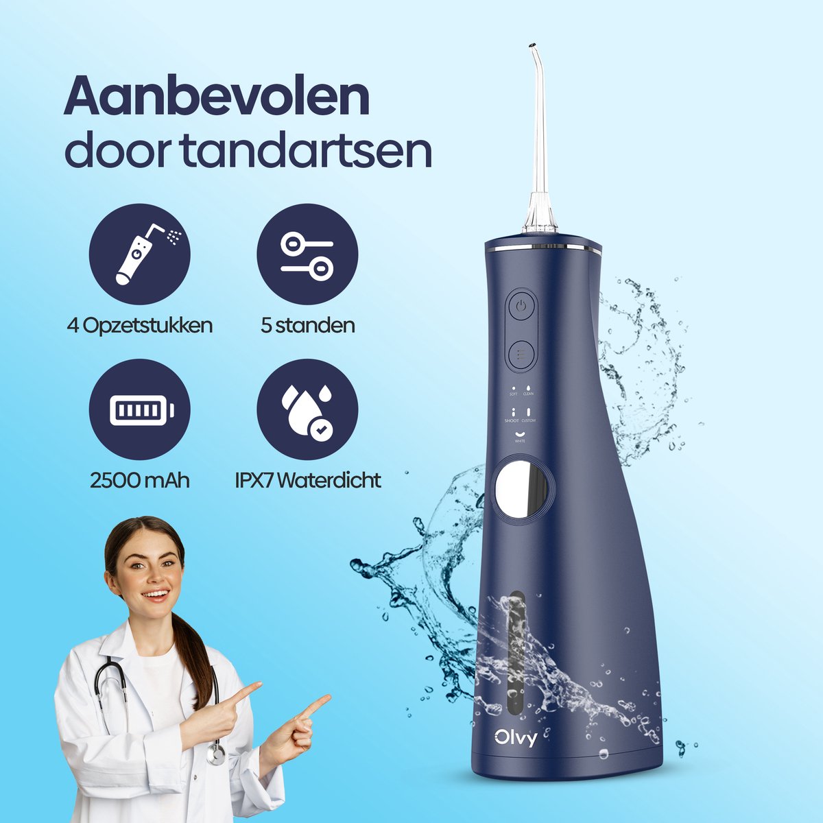 Wat vinden we goed aan de Olvy Waterflosser Draadloos Oplaadbaar met Whitening Tabletten