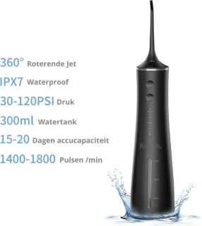 PureVolt Waterflosser Zwart Draadloos 300ml 4 Opzetstukjes