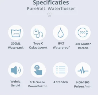 PureVolt Waterflosser Zwart Draadloos 300ml 4 Opzetstukjes