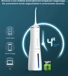 PureVolt Waterflosser Zwart Draadloos 300ml 4 Opzetstukjes