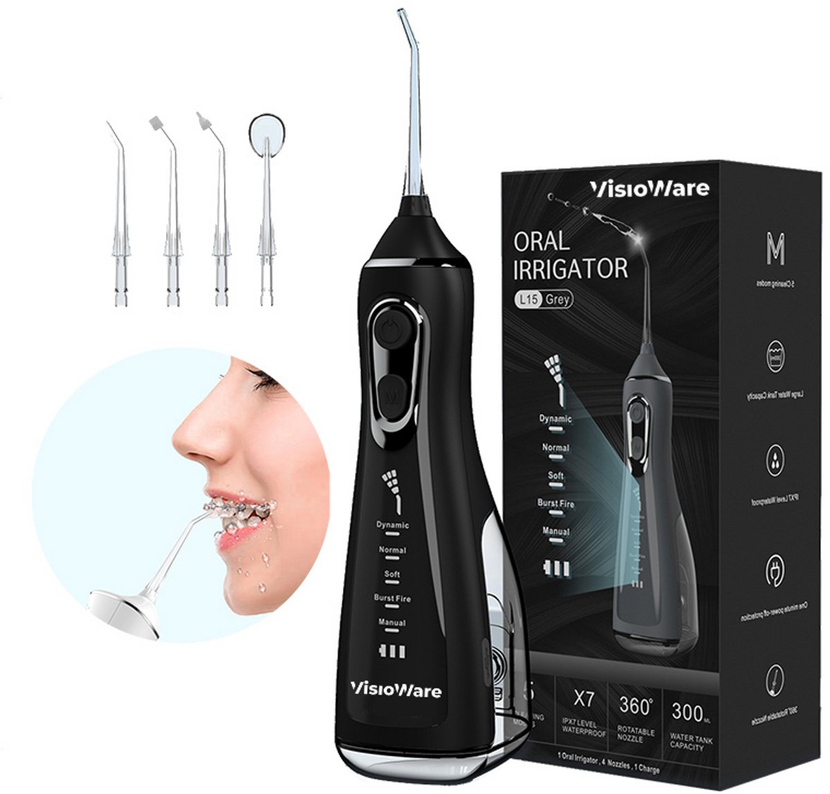 De Visioware Monddouche Draadloze Waterflosser Zwart in één oogopslag