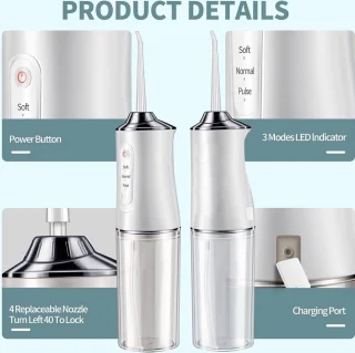 Waterflosser Draadloos IPX7 Waterdicht met 4 Opzetstukken Wit