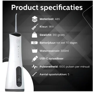 Zeri Waterflosser Elektrisch Draadloos met 5 Opzetstukken