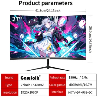 Gaming Monitor – Curved Monitor – Gaming Display – 27 Inch Scherm – Full HD – 180 Hz Refresh Rate – 1800R Kromming – VA Paneel