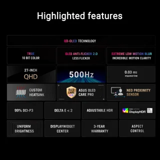 ASUS ROG Strix OLED XG27AQDPG - QHD QD-OLED Gaming Monitor - 500Hz - 0.03ms - G-Sync Compatible - 26.5 Inch