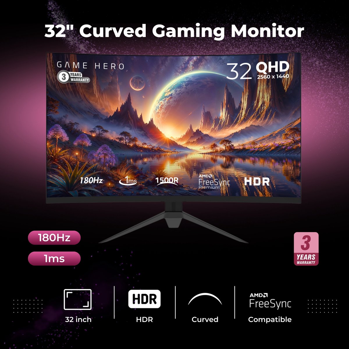 GAME HERO 32 inch Curved QHD VA Gaming Monitor