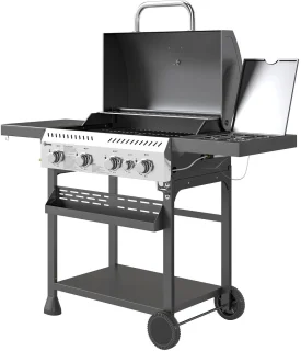 Gasgrill 12 KW 4+1 Brander BBQ Grillwagen Van Roestvrij Staal Incl Zijbrander Thermometer Grillrooster Kookplaat Flesopener Zijplanken Gas-Grill Voor Balkon Camping 135 X 55 X 103cm