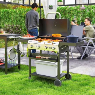 Gasgrill 12 KW 4+1 Brander BBQ Grillwagen Van Roestvrij Staal Incl Zijbrander Thermometer Grillrooster Kookplaat Flesopener Zijplanken Gas-Grill Voor Balkon Camping 135 X 55 X 103cm