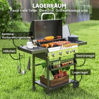 Gasgrill 12 KW 4+1 Brander BBQ Grillwagen Van Roestvrij Staal Incl Zijbrander Thermometer Grillrooster Kookplaat Flesopener Zijplanken Gas-Grill Voor Balkon Camping 135 X 55 X 103cm