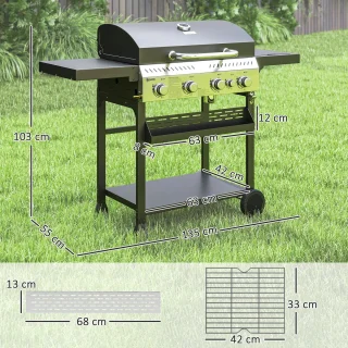 Gasgrill 12 KW 4+1 Brander BBQ Grillwagen Van Roestvrij Staal Incl Zijbrander Thermometer Grillrooster Kookplaat Flesopener Zijplanken Gas-Grill Voor Balkon Camping 135 X 55 X 103cm