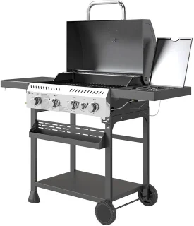 Gasgrill 12 KW 4+1 Brander BBQ Grillwagen Van Roestvrij Staal Incl Zijbrander Thermometer Grillrooster Kookplaat Flesopener Zijplanken Gas-Grill Voor Balkon Camping 135 X 55 X 103cm