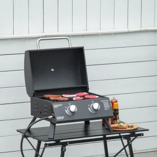 Tafelgrill Gasgrill BBQ met 2 Branders - Mobiele Grillwagen voor Buiten met RVS en Thermometer