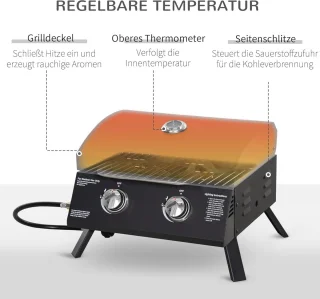 Tafelgrill Gasgrill BBQ met 2 Branders - Mobiele Grillwagen voor Buiten met RVS en Thermometer