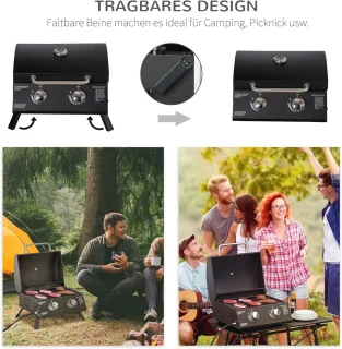 Tafelgrill Gasgrill BBQ met 2 Branders - Mobiele Grillwagen voor Buiten met RVS en Thermometer