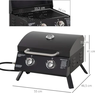 Tafelgrill Gasgrill BBQ met 2 Branders - Mobiele Grillwagen voor Buiten met RVS en Thermometer