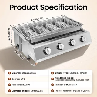 Paco Goederen® 4-branders BBQ-propaangasgril - Roestvrij Staal - Draagbare LPG - Tafelmodel - In Hoogte Verstelbare Gasgrill- Tuin Terras Balkon Camping - Afneembare rookloze barbecuegrill - Snelle opwarming