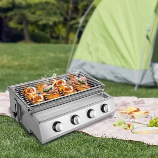 Gasbarbecue - Rookloze BBQ Grill - 4 Branders - Roestvrij Staal - Draagbare LPG Buitenkeuken - In Hoogte Verstelbare Gasgrill - Met Olieopvangbak - Tafelmodel BBQ - 58x40x20 cm - Tuin Terras Balkon Camping