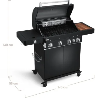 BURNHARD® 4 Branders gasbarbecue Big FRED Black Series 3 incl. achterbrander, keramische 900°C infraroodbrander, zijkookplaat, gietijzeren grillrooster + uitklapbare zijtafels
