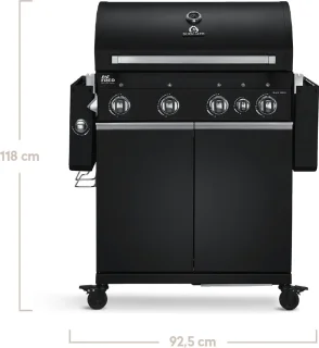BURNHARD® 4 Branders gasbarbecue Big FRED Black Series 3 incl. achterbrander, keramische 900°C infraroodbrander, zijkookplaat, gietijzeren grillrooster + uitklapbare zijtafels