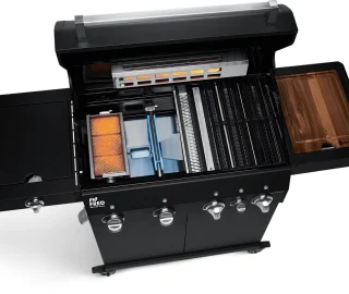 BURNHARD® 4 Branders gasbarbecue Big FRED Black Series 3 incl. achterbrander, keramische 900°C infraroodbrander, zijkookplaat, gietijzeren grillrooster + uitklapbare zijtafels