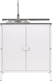 Wat vinden we goed aan de BELIANI VILAMA - Tuin kookeiland met keukenkast 2-delig - Wit - RVS