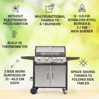 Klarstein Gasbarbecue Met Groot Grilloppervlak, Gasbarbecue 1 Zijbrander & 4 Branders, 17.1Kw Roestvrijstalen Gasbarbecue, Bbq Gasbarbecue Voor Balkon & Tuin, Grill Voor Propaan, Gasbarbecue Met 5 Branders & Thermometer