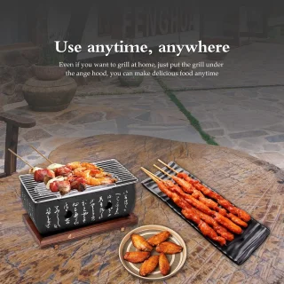 Mini Japanse Stijl Barbecue Grill - Huishoudelijke BBQ Hibachi met Houten Basis voor Yakiniku, Takoyaki en Camping