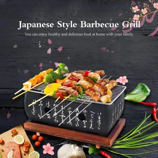 Mini Japanse Stijl Barbecue Grill - Huishoudelijke BBQ Hibachi met Houten Basis voor Yakiniku, Takoyaki en Camping