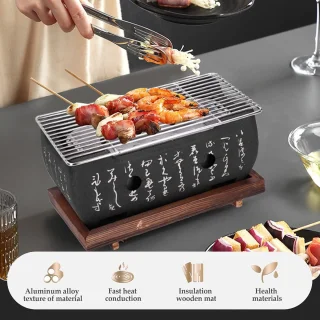 Mini Japanse Stijl Barbecue Grill - Huishoudelijke BBQ Hibachi met Houten Basis voor Yakiniku, Takoyaki en Camping