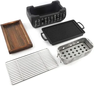 Mini Japanse Stijl Barbecue Grill - Huishoudelijke BBQ Hibachi met Houten Basis voor Yakiniku, Takoyaki en Camping