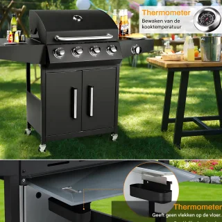 BBQ 5-in-1 gasbarbecue zwart met zijbrander