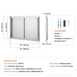 Buitenkeuken Toegangsdeur Dubbele Inbouwdeur RVS 88,9 x 61 cm