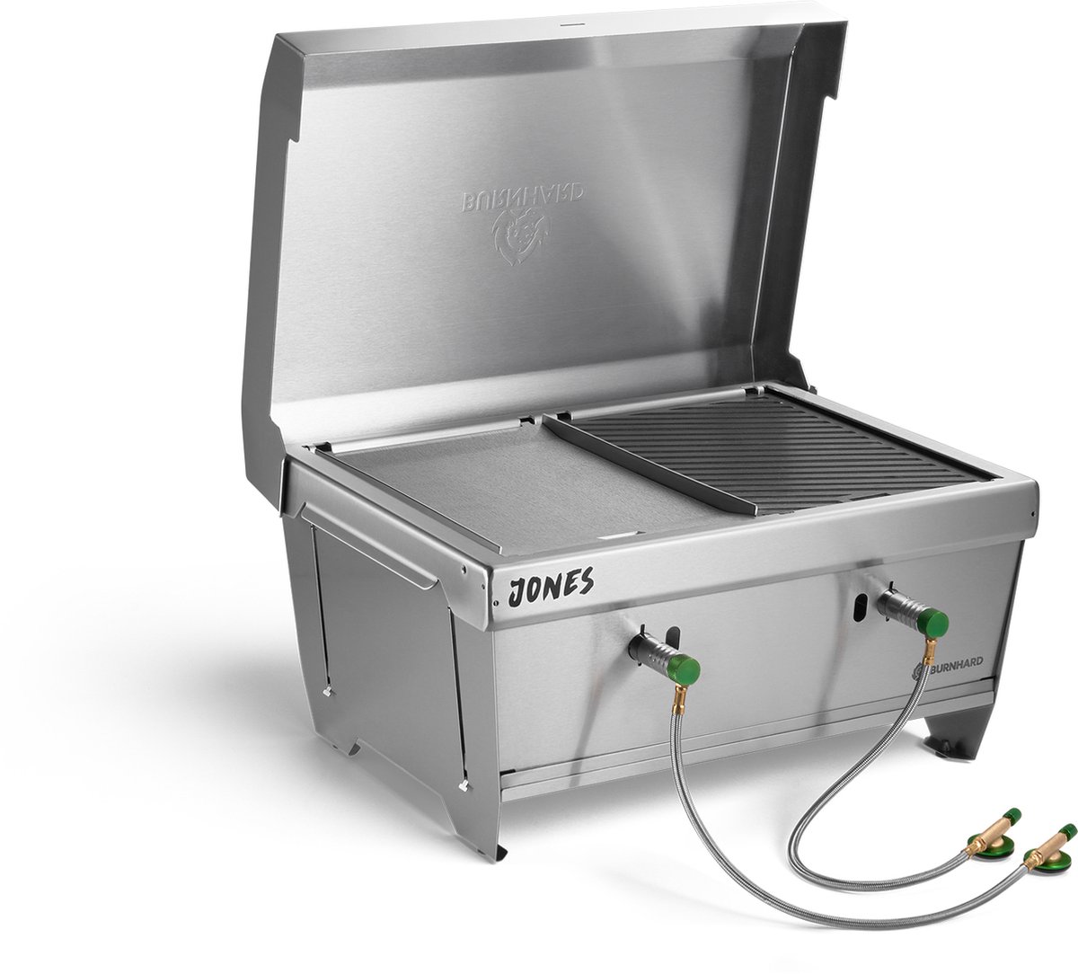 Wat vinden we goed aan de Burnhard Plancha RVS grillplaat voor gasbarbecue JONES & Spatel Set
