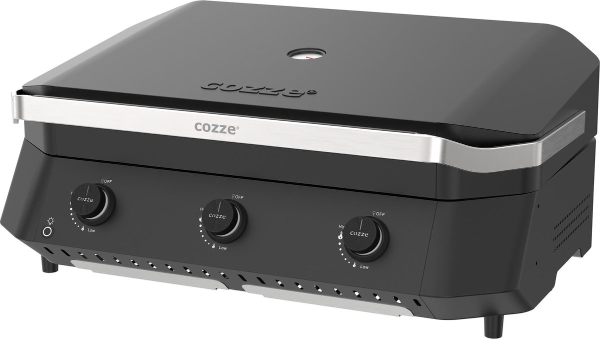 De cozze G-800 Plancha met 3 gasbranders en deksel in één oogopslag