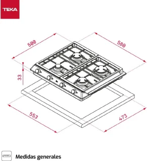 Gas inbouwkookplaat 60 cm - 4-pits