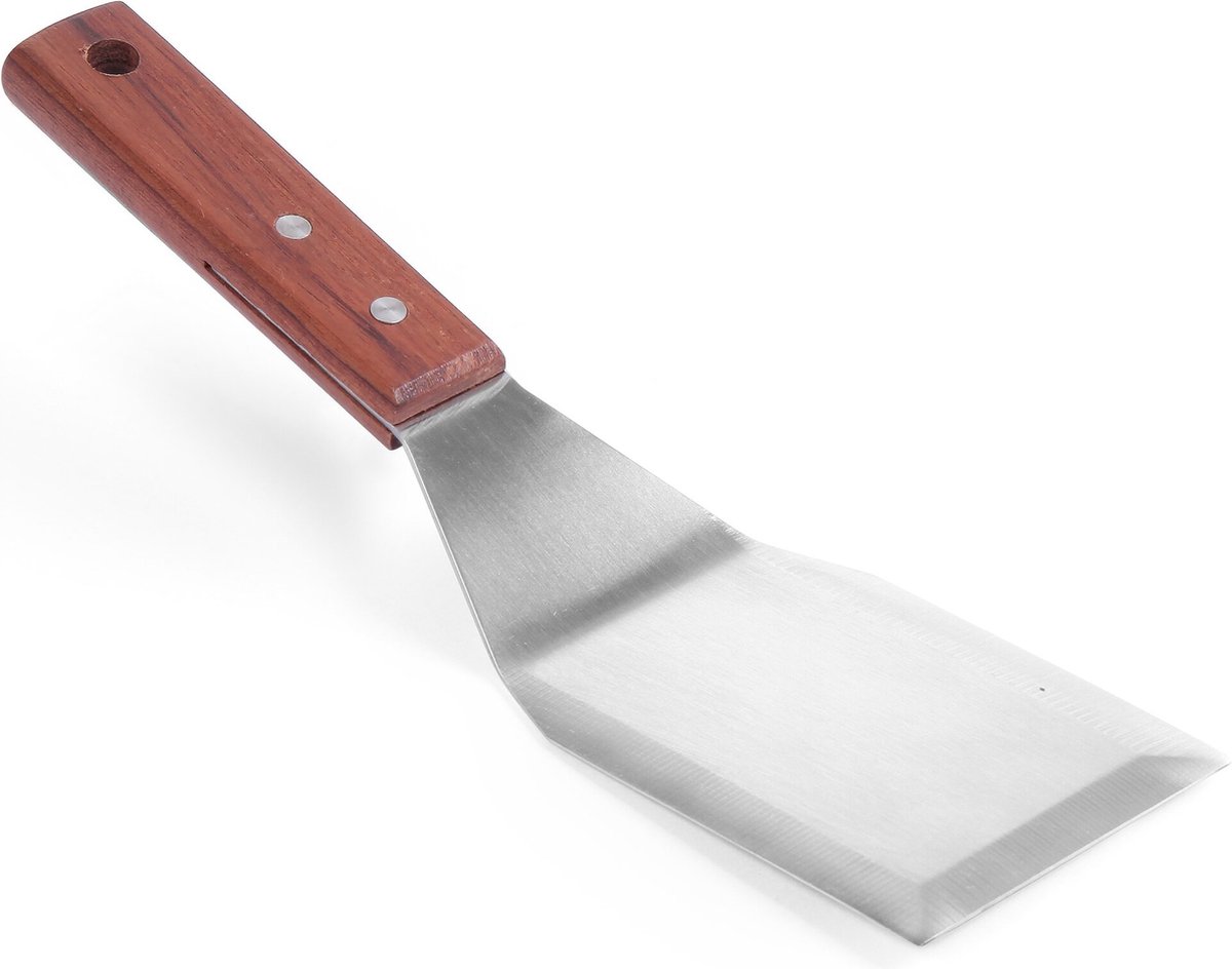 Wat vinden we goed aan de HENDI Hamburger Turner Roestvrij staal Donker Hout 270x75mm