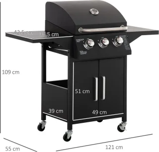 Outsunny Gasgrill 3 Branders Zwart