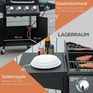 Outsunny Gasgrill Metall 132x55x109 cm Schwarz