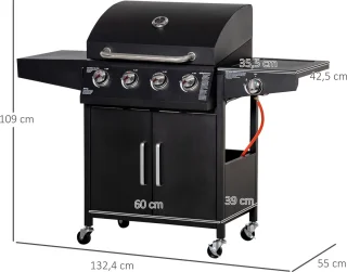 Outsunny Gasgrill Metall 132x55x109 cm Schwarz