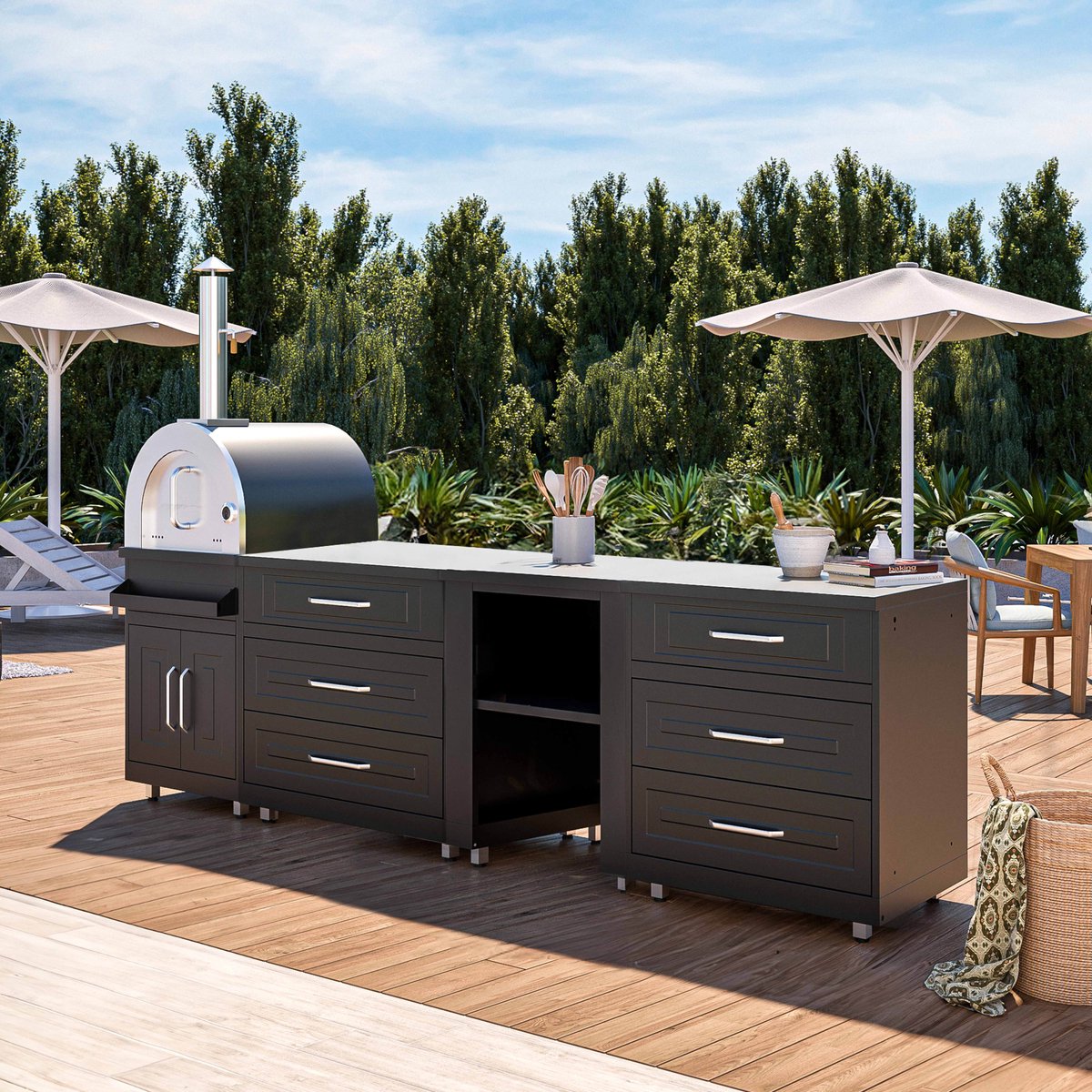 Wat vinden we goed aan de Oviala Memphis elementen buitenkeuken met zwarte pizzaoven