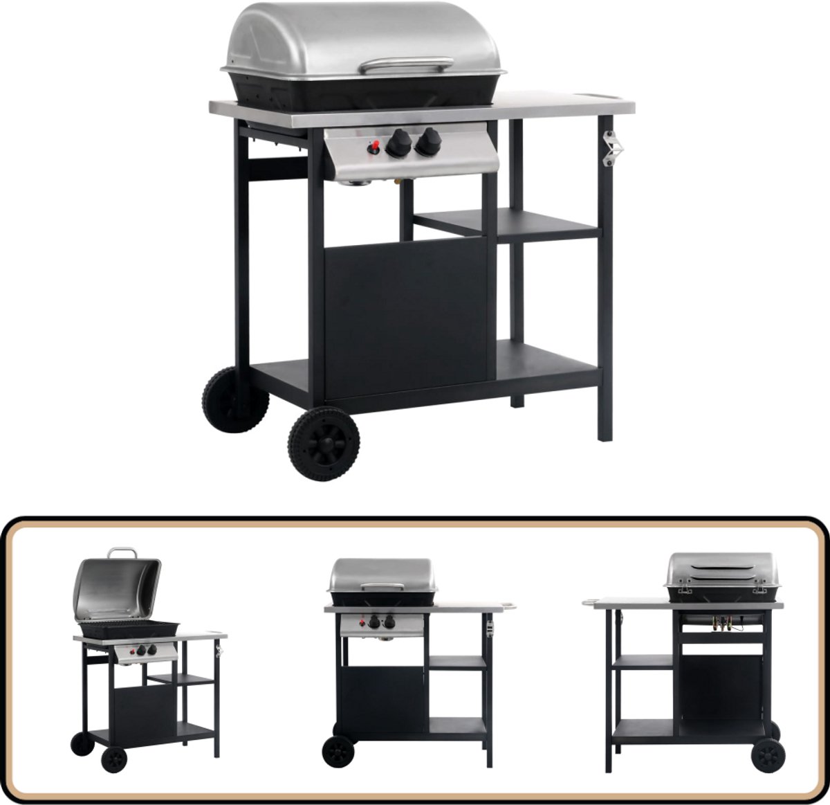 De vidaXL Gasbarbecue met 3-laags zijtafel zwart/zilver in één oogopslag