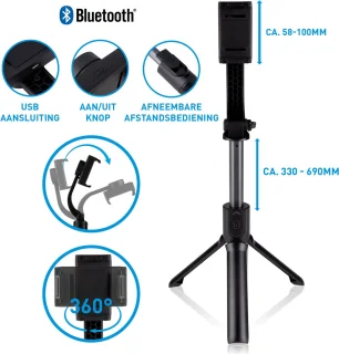Grundig 2-in-1 Selfiestick en Mini Tripod Zwart