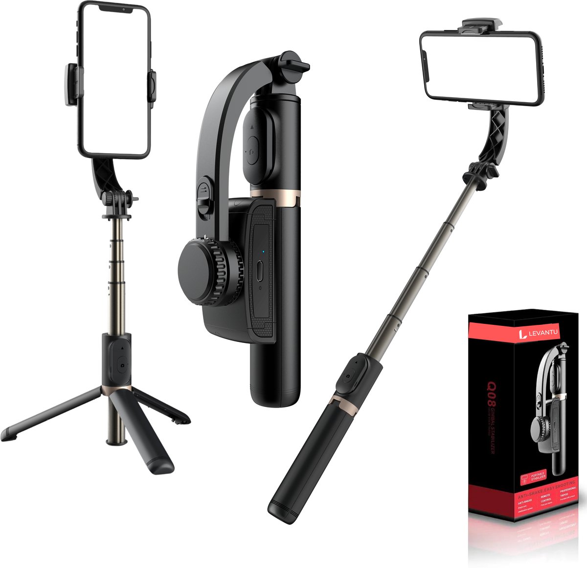 De LEVANTU Gimbal Stabilisator Smartphone Tripod Selfiestick in één oogopslag