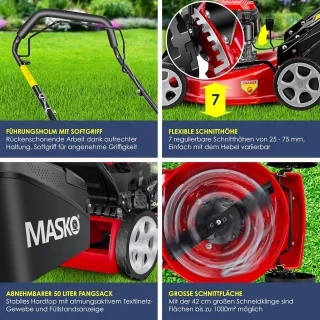 Benzine Grasmaaier 3in1 met 50L Opvangzak | Duwmaaier met 42 cm Maaibreedte en 7-standen Maaihoogte | Mulchfunctie en Versnipperen van Takken