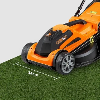 Accugrasmaaier - Elektrische Grasmaaiers - Gazontrimmer - Grastrimmer - met Mulchmaat 32L - Maaibreedte 34cm - Maaihoogte op 6 Niveaus - 2 x 4000 mAh Lithium-ion Accu - Oplader - 24V - Zwart&Oranje