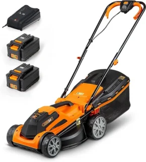 Accugrasmaaier - Elektrische Grasmaaiers - Gazontrimmer - Grastrimmer - met Mulchmaat 32L - Maaibreedte 34cm - Maaihoogte op 6 Niveaus - 2 x 4000 mAh Lithium-ion Accu - Oplader - 24V - Zwart&Oranje