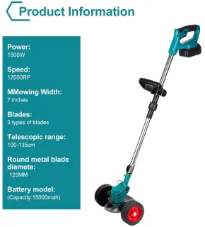 Amolass - Elektrische Grasmaaier - Grastrimmer - 2 Batterijen - 1500W - 12,5cm Diameter - Verstelbaar - Opvouwbaar - Blauw