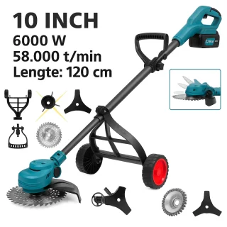 Grastrimmer - Accu Grastrimmer - Elektrische Grastrimmer - Draadloze Grastrimmer - Tuintrimmer - Bosmaaier - Grasmaaier - Onkruidtrimmer - Snoerloos - 10 Inch - 6000W - Voor 18V Accu - Verstelbare Hoek - Opvouwbaar - Zonder Accu - Compact Model