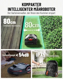 Indsutrialhome DCK Robot Grasmaaier 1000 – App Besturing, 40% Hellingshoek, Slimme Grasmaaier met Maaiplan Instellingen, 30-60 mm Maaihoogte, Regensensor, WiFi & Bluetooth, 54 dB, IPX5